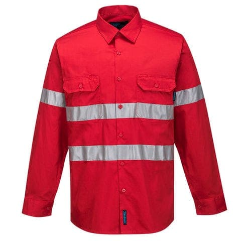 Red work shirt with reflective stripes